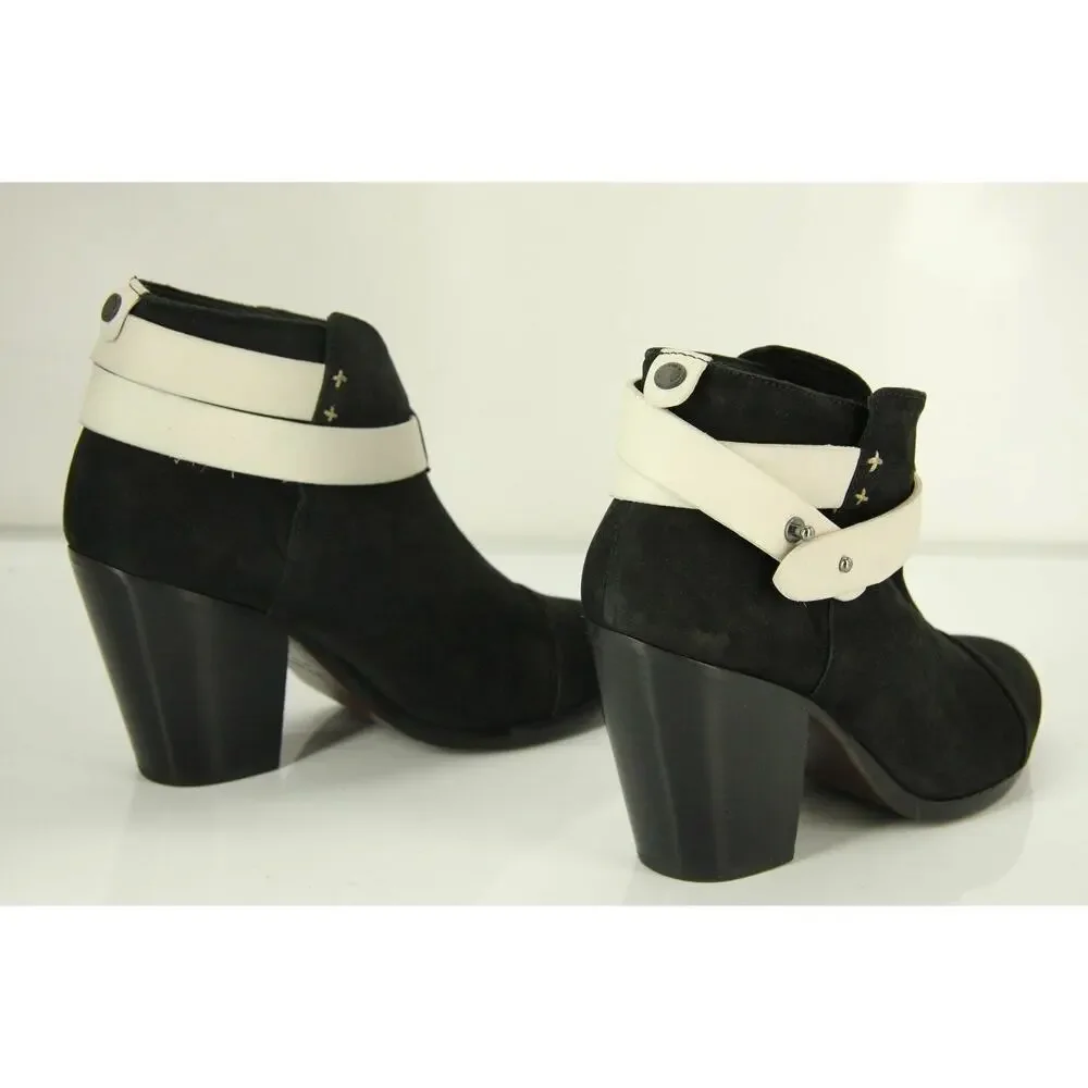 Rag & Bone Harrow White Strap Black Suede Ankle Boots Size 37.5 New $495